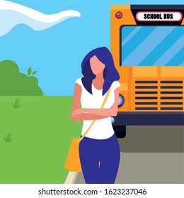 Girl student in front of school bus design, Eduaction class lesson knowledge preschooler study learning and primary theme Vector illustration