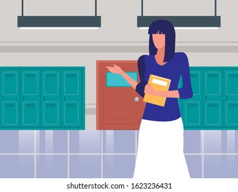 Girl student in front of school lockers design, Eduaction class lesson knowledge preschooler study learning and primary theme Vector illustration