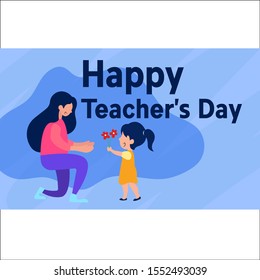 Girl student giving flower to her teacher for happy teacher's day, background poster concept. Flat design.