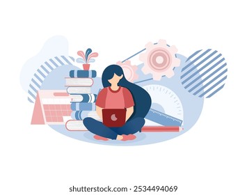 Girl Student Graduate Sitting and Learning Using Laptop Internet and Surrounded by Books and Stationery