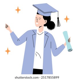 Girl student graduated from university, college. Woman in graduation cap, academic hat with diploma, certificate, bachelor and master degree. Smiling girl in educational institution