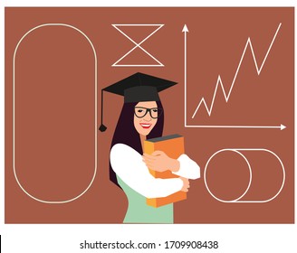The girl is a student in a graduation hat and glasses.
