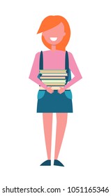 Girl student in green skirt with pile of books in hands and rucksack at back vector illustration female character in cartoon style isolated on white