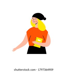 Girl student in a hat with a pompom, young woman character holding exercise book, notebook in her hand - Vector illustration isolated