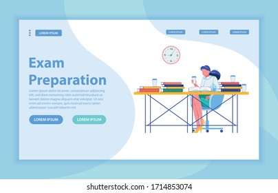 Girl Student Having Fourth Cup Coffee, Preparing to Final Test. Brunette Reading by Desk Full Book Pile, Refreshing Knowledge and Revising Study Material. Exam Preparation Flat Vector Landing Page.