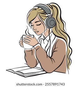 Girl student with headphones and a glass of coffee or tea reading a book. Home office, freelance. Black and white illustration