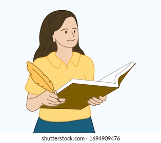 A girl student holding a book illustration set. feather pen, spread out, education, reading. Vector drawing. Hand drawn style.