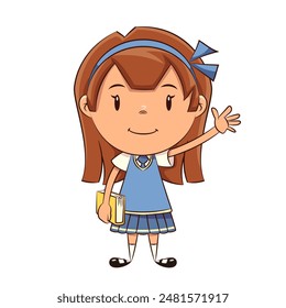 Girl student holding book wearing  blue school uniform