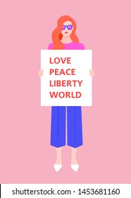 A girl student is holding a poster with text. Fight for human rights and equality. The girl in full growth. Demonstration. Vector illustration in flat style.