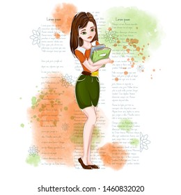 Girl student holding a stack of books. Vector hand-drawing character, watercolor background with decorative text. 