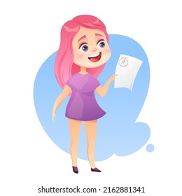 Girl student holding a test form with an excellent mark, cartoon vector illustration
