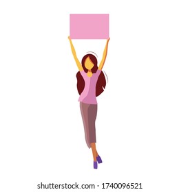Girl student holds a poster at the rally, elections, picket. Female protest. The striking woman takes part in the parade. Rally for women s rights. Vector illustration on a white background.