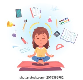 Girl student kid meditating with stationery flying around concept. Schoolgirl child sitting in lotus pose relaxing surrounded by pen, notebook, pencil. Education stress relief flat vector illustration