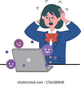 girl student laptop computer virus bug confused