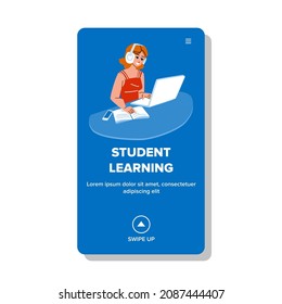 Lección De Aprendizaje De Estudiantes Muchachas En Vector De Portátiles. Estudiante Joven Adolescente Aprendiendo En Línea Para Un Examen O Prueba Universitarios. Ilustración de caricaturas planas en la web de la computadora leyendo un libro electrónico