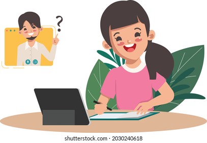 Girl student learning online school education with laptop.