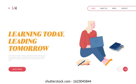 Girl Student Learning Online Website Landing Page. Young Smart Woman Sitting on Floor with Laptop in Hands and Pile of Books Watch Webinar Web Page Banner. Cartoon Flat Vector Illustration, Line Art