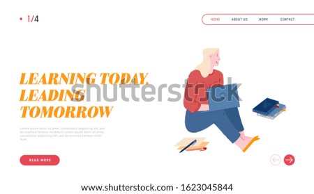 Girl Student Learning Online Website Landing Page. Young Smart Woman Sitting on Floor with Laptop in Hands and Pile of Books Watch Webinar Web Page Banner. Cartoon Flat Vector Illustration, Line Art