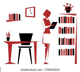 Girl student in the library. Abstract flat design of simple geometric shapes. Desk and bookcase, interior isolated on a white background. Vector illustration.