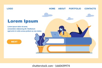 Girl Student Lying on Huge Books Stack Studying on Laptop, Learn Lesson, Remotely Reading Ebook. Online University Education Technology, E-library. Cartoon Flat Vector Illustration, Horizontal Banner