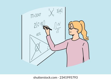 Girl student of mathematical school writes formulas on blackboard, solving complex equations at algebra olympiad. Young woman is fond of mathematics and study at university or college for education