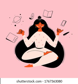 The girl student is meditating and gaining knowledge. Study tools