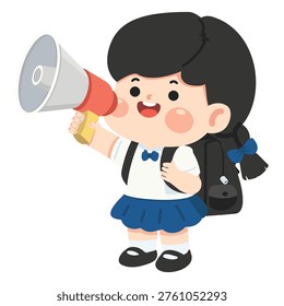 Girl student with a megaphone and backpack speaking out, representing communication, confidence, leadership, and active school life.