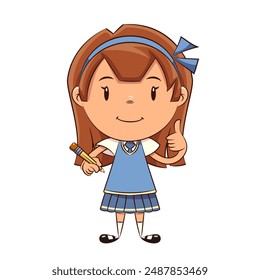 Chica, estudiante, lápiz, escritura, gesto, niño, pulgares para arriba, colegiala