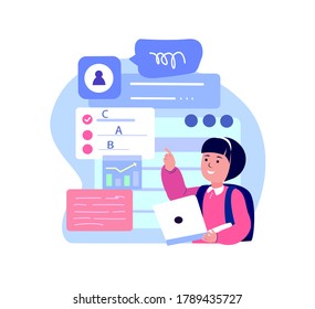 Girl Student Planning School Timetable.Plans,Schedule, Remote Education.Online Digital Lesson Tutorial Education For Child.Pupil In Laptop.Student Study.Home Internet Learning.Vector Flat Illustration