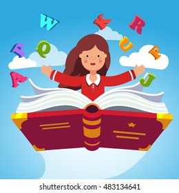 Girl student or preschooler flying in the sky on a magical primer ABC book. Knowledge power concept. Flat style modern vector illustration.