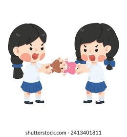 girl student pulling doll with friend and feel angry