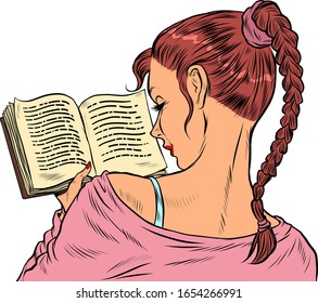 Girl student reading a book. Pop art retro vector illustration 50s 60s style