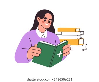 Girl student reading book. Woman learning with textbook in hands. Education, knowledge, study concept. Learner preparing for exam with literature. Flat vector illustration isolated on white background