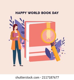 Girl student reading  open book and looking for information. User manual concept. Vector flat graphic design illustration.