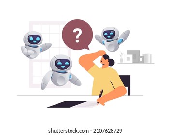 Girl Student With Robots Having Exam Writing Test Education Learning Process Artificial Intelligence Technology Concept