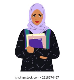 Girl Is A Student Or A Schoolgirl In A Hijab With Books And Textbooks. A Young Muslim Woman In A Traditional Headscarf. Flat Drawing With Lines. Stock Vector Illustration. EPS 10.