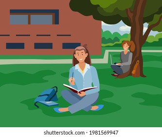 A girl student sits under a tree near the university and reads, writes, prepares for exams. Education, school, college, university, back to school. Vector flat illustration, cartoon style 
