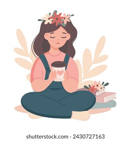 Girl student sitting with coffee and books with floral wreath