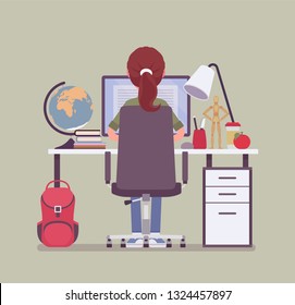 Girl Student Sitting At Desk, Rear View. Young Pupil Doing Homework Or Assignment, Teenager Preparing For School Exams, Distance Education And Online Courses, Home External Study. Vector Illustration