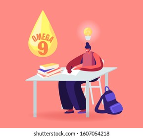 Girl Student Sitting at Desk and Studying with Glowing Light Bulb over Head and Droplet of Omega 9 Oil above. Woman Applying Natural Supplements for Health and Mind. Cartoon Flat Vector Illustration