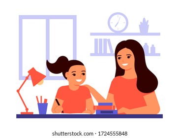 Girl student is sitting at home and is learning lesson with help of teacher, mom. Child is doing homework. Mom helps with solving tasks. Home school, online education, knowledge concept. Vector flat