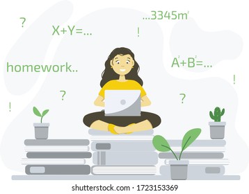 Girl student sitting on the books and study online at home with books and green plants, e-learning. Self isolation concept. Stock vector illustration in flat style.