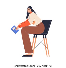 Girl student sitting on chair with academic book in hands. Smart woman reader in glasses with university literature, preparing for exam, studying. Flat vector illustration isolated on white background