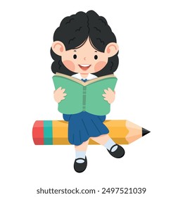 girl student is sitting on Pencil back to school