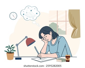 a girl student is sitting at a table in a room, she is studying and writing in a notebook and thinking  about what to write a story. The concept of Thinking character person portrait 