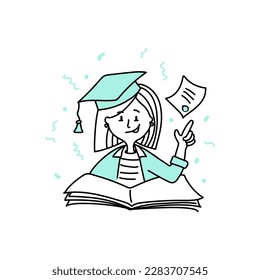 Girl student with smile and in graduate cap with book and diplomas and certificates and confetti in linear style