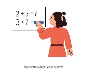 Niña estudiante resolviendo ecuaciones matemáticas, problemas de aritmética en pizarra. Adición de aprendizaje escolar en la lección de matemáticas. Alumno infantil, matemáticas. Ilustración vectorial plana aislada sobre fondo blanco