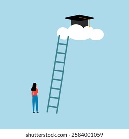 Girl student standing with ladder for climbing up to graduation hat in flat design. Education knowledge, diploma, College, University. Education success concept.