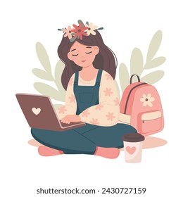 Girl student studing or working on lapltop with coffee cup. Cute flat style