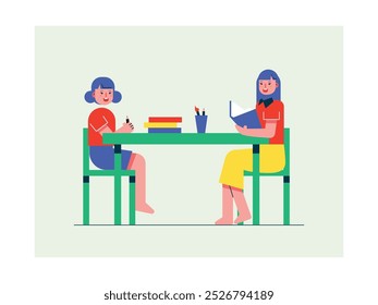 Girl student studying with female teacher in room, homeschooling activity. Character design. Vector flat illustration